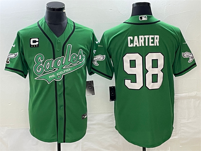 Men's Green Philadelphia Eagles #98 Jalen Carter With C Patch Cool Base Stitched Baseball Jersey